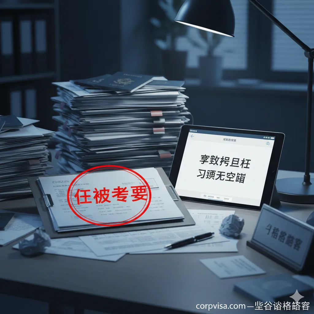 一张聚焦于'签证积压'与'行政审查'痛点的写实风格概念图。特写镜头展示办公桌上堆积如山的申请文件，最上方的一份文件被盖上了'Administrative Processing'（行政审查）的印章，旁边是一个显示'No Slots Available'（无预约号）的日历界面。光影处理偏冷色调，营造出一种严峻和焦虑的氛围，旨在视觉化文章中提到的'隐形瓶颈'和'拥堵'，提醒用户关注数据背后的签证难点。