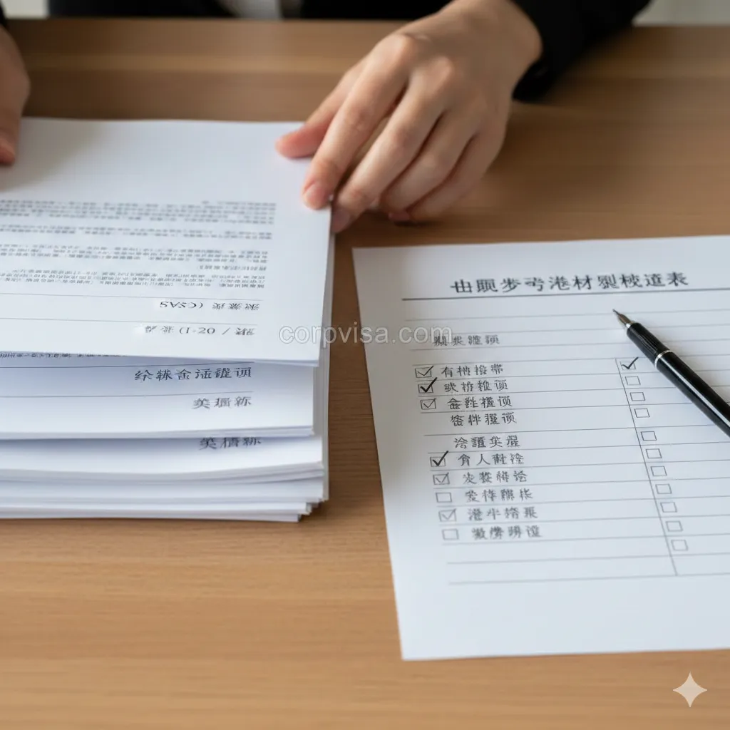 特写视角的教程类图片，聚焦于签证核心材料的整理过程。画面显示一双专业的手正在整理一叠整齐的文件，文件抬头清晰可见'I-20 / CAS'、'Bank Statement'（资金证明）和'Transcript'（成绩单）等字样。旁边有一份被打钩的检查清单（Checklist）和一支钢笔。图片强调细节的严谨性，质感真实，旨在通过视觉强化文章中关于'资金流水'和'文书准备'不可出错的警示。