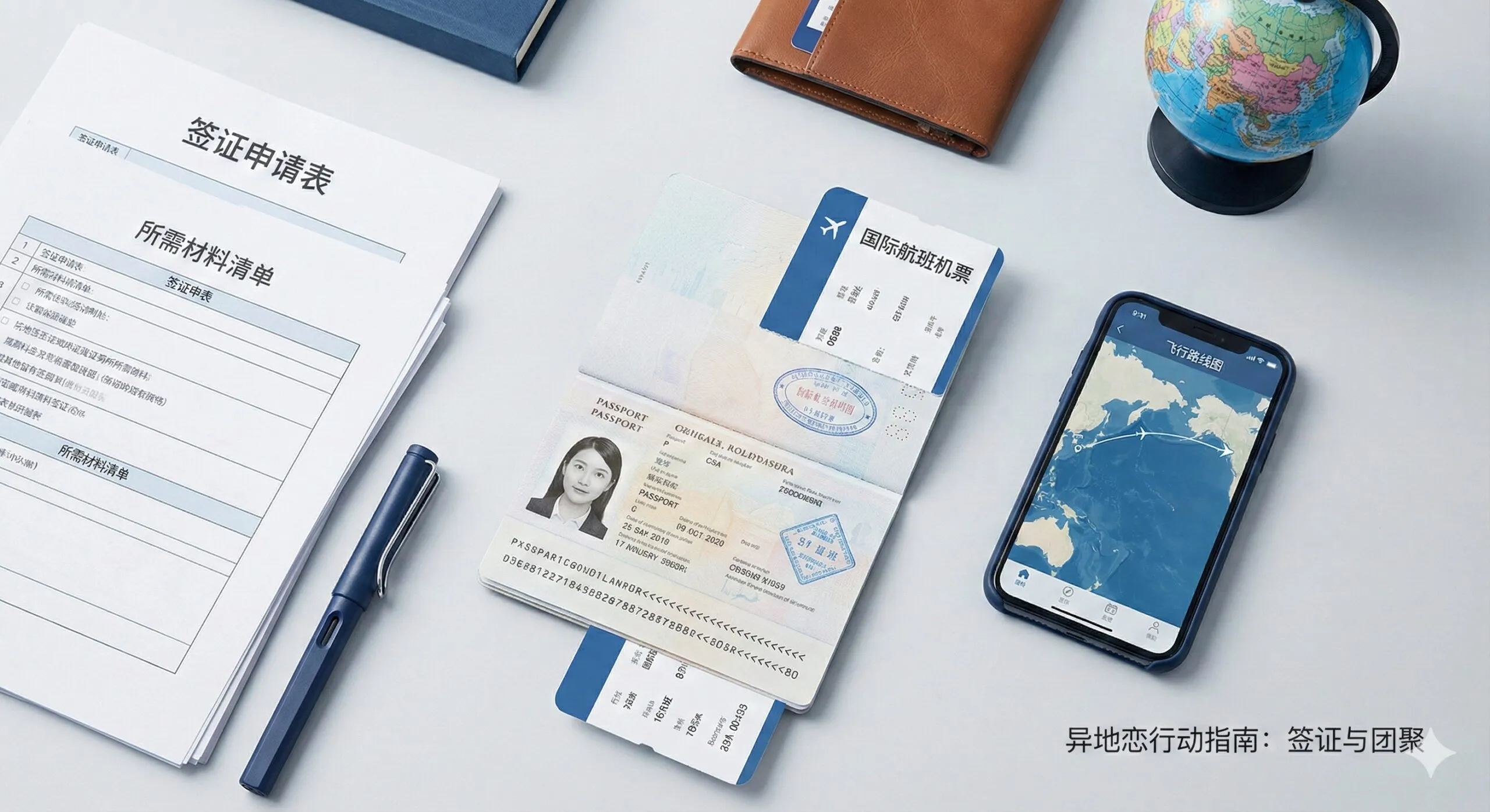 一张极简主义的高级平铺（Flat-lay）风格摄影图，展示解决异地恋危机的核心工具。画面中心是一本护照和一张飞往国外的机票，周围整齐摆放着签证申请表格、一支钢笔、智能手机显示着飞行路线图，以及少量的旅行必备品。光线明亮柔和，采用专业商务蓝白色调，象征CorpVisa提供的专业签证解决方案，给予用户清晰的行动指引。