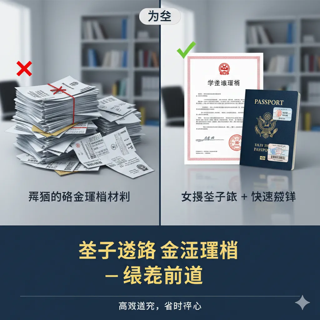 一张强调核心优势的对比图。左侧展示凌乱的存款证明和各种补件说明，标有红叉；右侧展示一份盖有权威银行公章的‘留学贷款证明’和一份崭新的留学签证，标有绿色勾号。背景为简约的商务办公室环境。图片强调‘权威性’和‘高通过率’，色调专业冷静，通过这种视觉对比，突出贷款作为签证资金证明‘绿色通道’的独特价值。