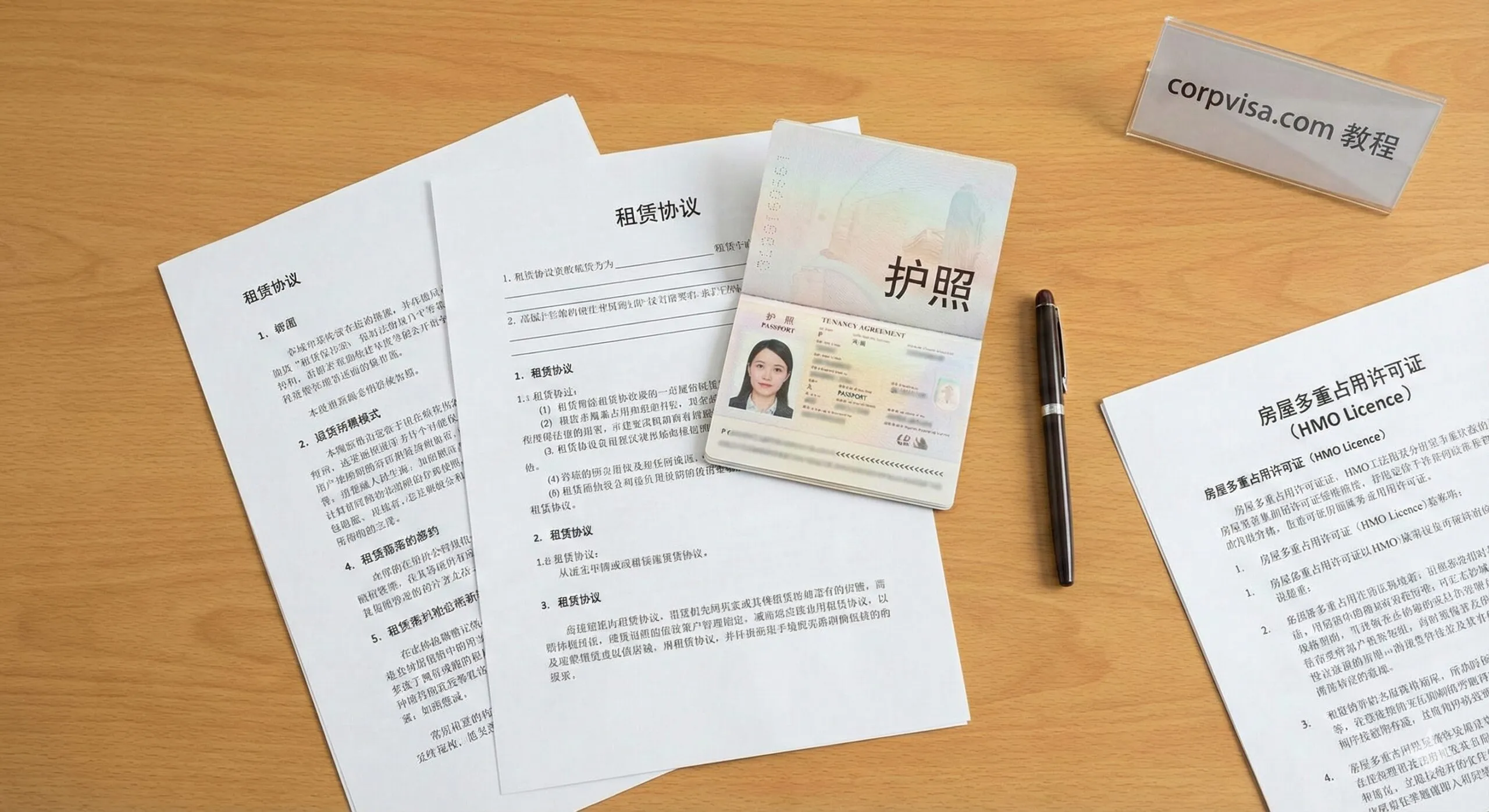 一张特写图片，聚焦于签署租房合同的桌面视角。画面清晰展示了一份全英文的Tenancy Agreement（租赁协议），旁边放着一本打开的护照和一支钢笔。重点在于合同上的条款细节与旁边的'HMO Licence'或许可证文件，光线明亮清晰，强调法律文件的严肃性与签证地址注册的重要性。