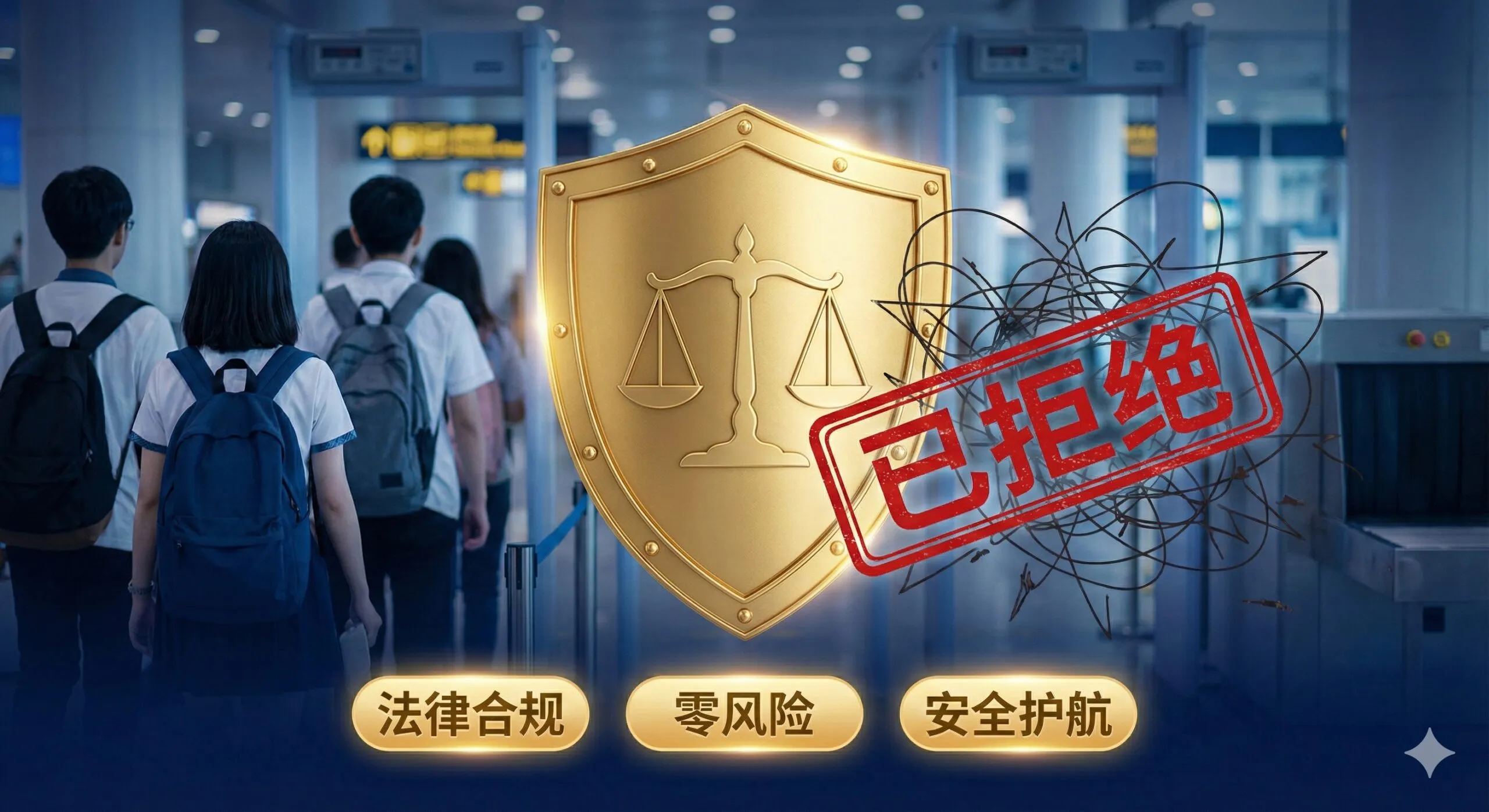 一张概念化的优势展示图，强调法律背景与风险规避。画面中心是一个金色的盾牌，盾牌上刻有法律天平的图案，盾牌后方是正在通过安检或海关的学生背影，盾牌前方挡住了红色的'REJECTED'（拒签）印章和复杂的乱码线条。这象征着CorpVisa利用专业的法律知识为学生阻挡隐形风险。视觉风格稳重、有力，使用深蓝、金色和红色的对比，突出'法律合规'、'零风险'和'安全护航'的卖点。