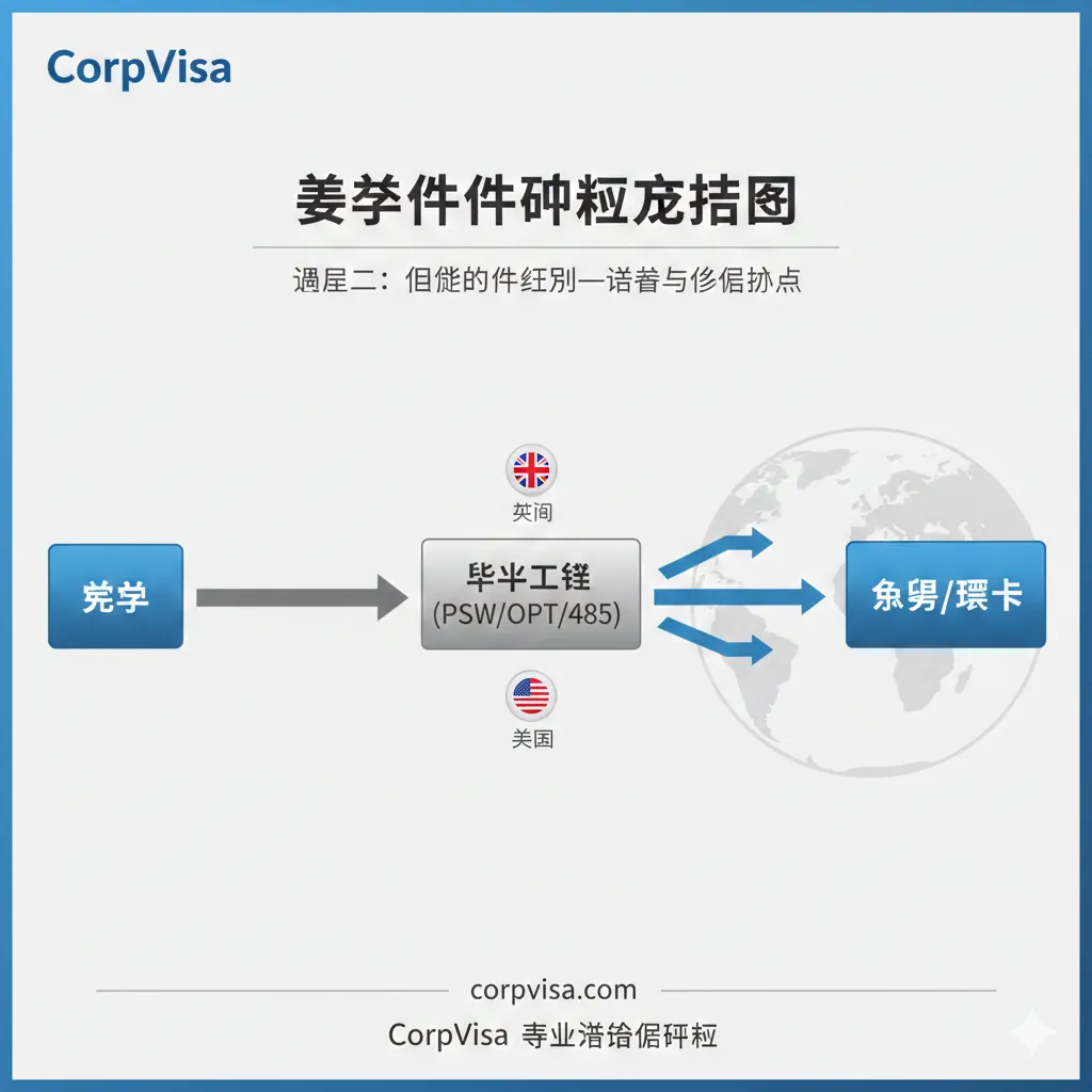 针对“维度二:隐形的身份红利——签证与移民跳板”的路径规划图。画面核心是一个流程图或路线图,从“留学”开始,通过“毕业工签 (PSW/OPT/485)”作为过渡站,最终指向终点站“永居/绿卡”。流程图中使用箭头清晰指示路径,并在关键节点标注国旗小图标(如英国旗、加拿大枫叶、美国星条旗),代表不同的移民跳板国家。配色采用CorpVisa的专业蓝和稳重的银灰色,强调留学是低风险、高确定性的身份规划教程。