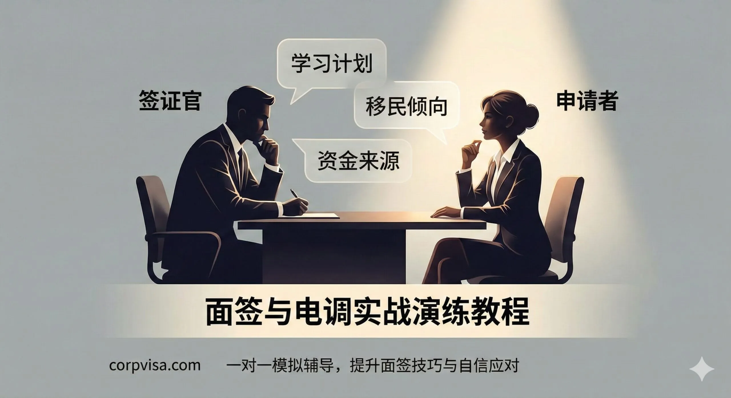 体现面签与电调实战演练的教程图。画面中央是两个侧面对坐的人物剪影，一个代表“签证官”，带着审慎的表情；另一个代表“申请者”，眼神自信、着装专业。在他们周围漂浮着关键的问答气泡，例如“Study Plan”、“Immigration Intent”、“Fund Source”。背景采用柔和的浅灰色，局部打光聚焦在申请者身上，暗示一对一模拟辅导场景，强调面签技巧和自信应对的重要性。