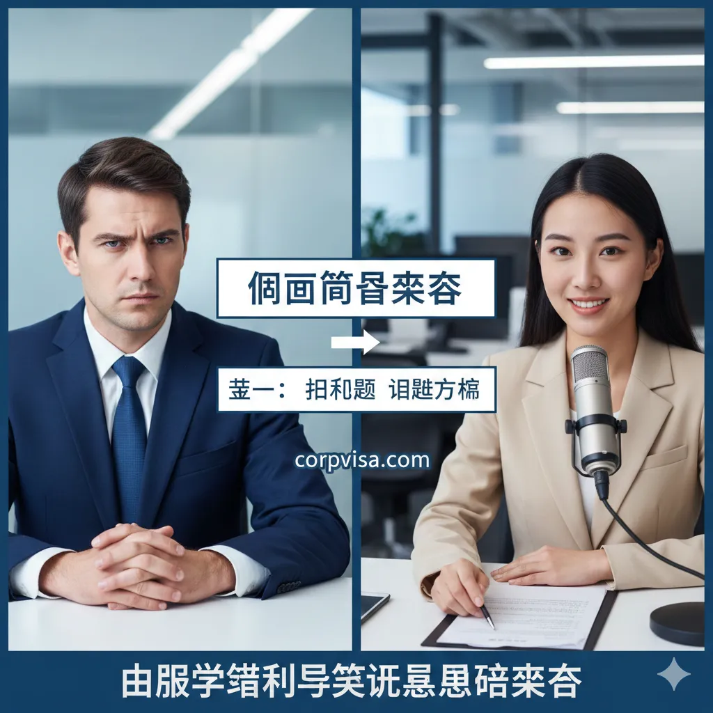 教程图旨在展示面试脚本的应用场景和步骤。画面采用分割构图，左侧是一个穿着正装的签证官（或面试官）形象，神情严肃；右侧是一个自信、准备充分的申请人（亚洲面孔）正对着麦克风回答。中间用箭头和步骤指示（如Step 1: Recognize Challenge, Step 2: Present Solution），配以'Q&A Script'字样。整体色调冷静、专业，模拟高压面试环境，强调'应对策略英文表达'。