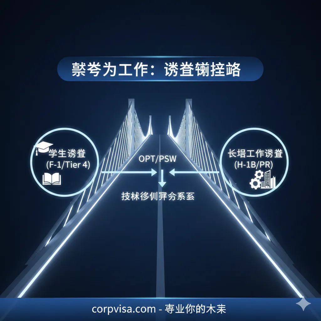 聚焦于留学和工作签证的衔接路径。构图采用一条清晰的桥梁或跑道,一端是“学生签证(F-1/Tier 4)”的图标,另一端是“长期工作签证(H-1B/PR)”的图标。桥梁或跑道中间标示着关键的过渡点,如“OPT/PSW”和“技术移民评分系统”。画面需体现步骤的严谨性和专业性,用深色背景和白色/亮色路径形成对比,强调规划的明确性。避免出现“打酱油”的随意元素,体现corpvisa.com的专业性。