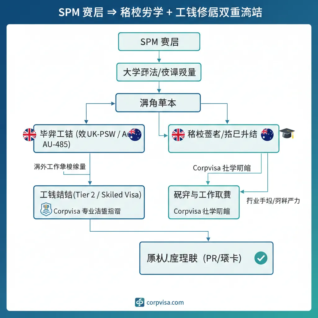 设计一个流程图(Flowchart),明确展示'名校升学+工签移民'的双重路径。流程从'SPM 成绩'开始,经由'大学预科/文凭课程',进入'海外本科'阶段,然后分叉为两个关键节点:'毕业工签(如 UK-PSW / AU-485)',最终汇聚到终点'永久居留权(PR/绿卡)'。流程图应包含小图标代表英澳两国旗帜和移民局的徽章,突出Corpvisa在签证和移民环节的专业介入和指导作用。色彩使用稳重的蓝绿调,体现专业和可靠。