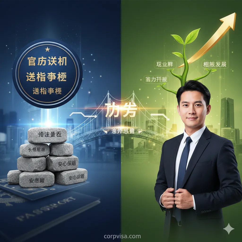 重点突出“签证稳定性”和“职业竞争力”的优势。图片应描绘一个“双向获益”的场景。左侧是一个象征“签证”的官方印章或文件，搭配“稳定”的视觉元素如坚固的基石，象征签证官视角下的稳定性。右侧是一个向上生长的绿色植物或上升箭头，搭配西装革履的商务人士形象，象征职业发展。中间用一个连接的箭头或桥梁将两者联系起来，强调海外生活感悟如何同时实现这两个目标。色彩采用权威的深色和积极的亮色对比，体现专业的价值输出。