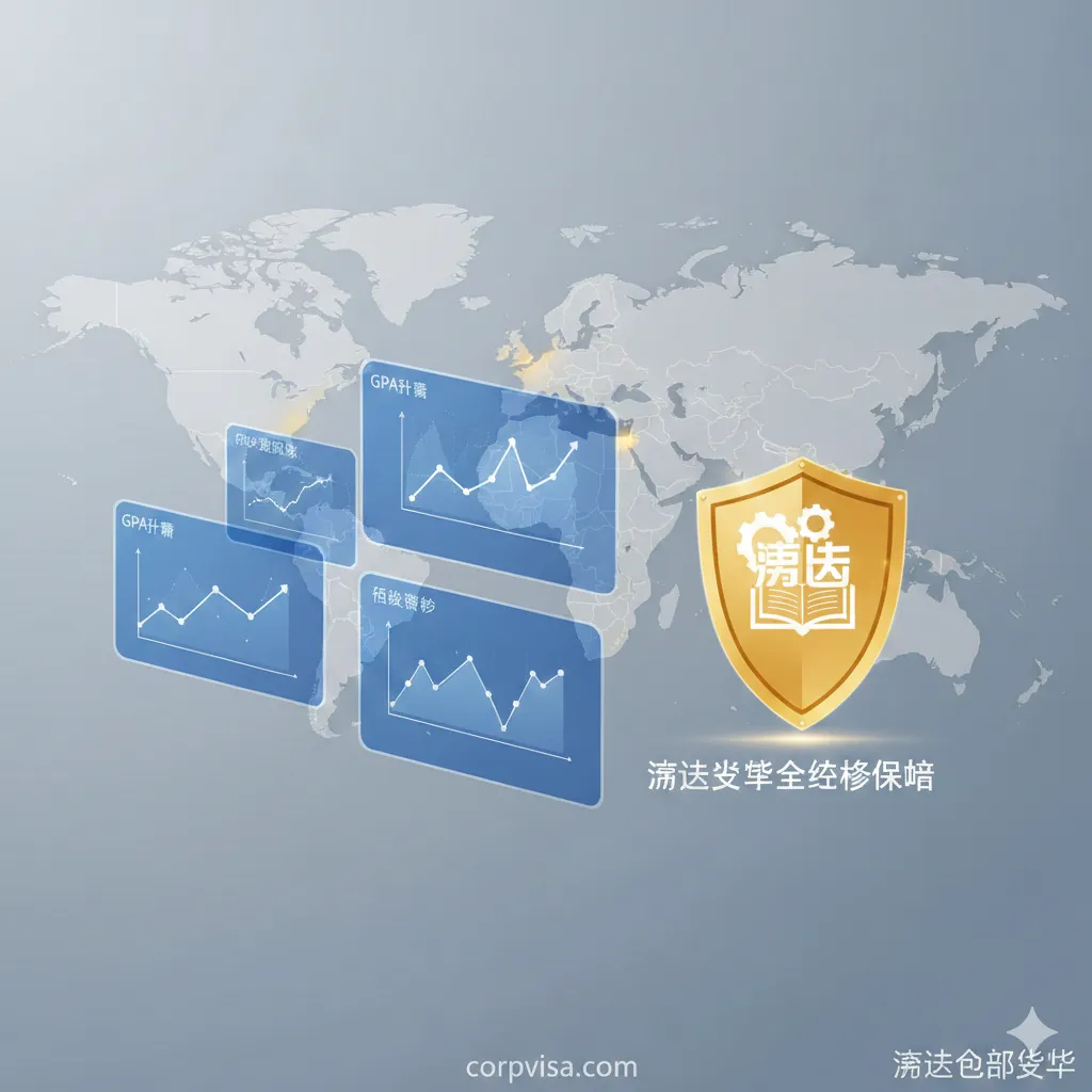 一张结合了全球地图与大数据分析的商务风格插图。背景是一张浅灰色的世界地图，重点高亮了美国、英国、加拿大等热门留学国家。前景展示了悬浮的数据面板，显示着'GPA逆袭'、'文书润色'、'名校录取率'等关键指标的上升趋势线。画面右侧有一个金色的盾牌图标，象征沃达留学的全链路服务保障，视觉上强调专业性和高成功率。