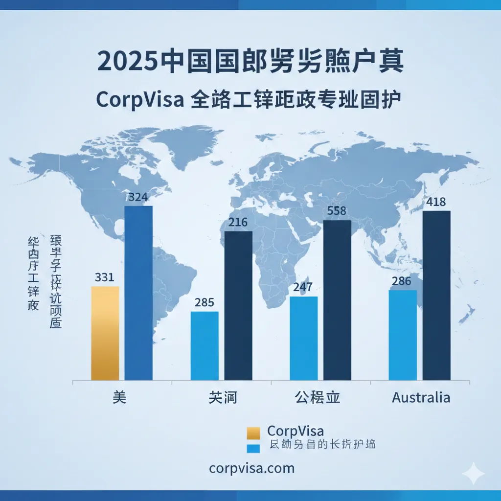 此图用以展示 CorpVisa 对比全球工签政策的专业优势。核心构图是一个对比数据表（类似于文章中的表格），并用不同颜色的柱状图或雷达图来直观对比美国、英国、加拿大、澳洲等国“毕业后工签时长”和“绿卡转化难度”。各国地图轮廓作为背景装饰，以专业、简洁的蓝色系为主。强调“以终为始”的规划理念，体现 CorpVisa 在留学后长期规划方面的独到价值。2025中国出国留学蓝皮书数据图表