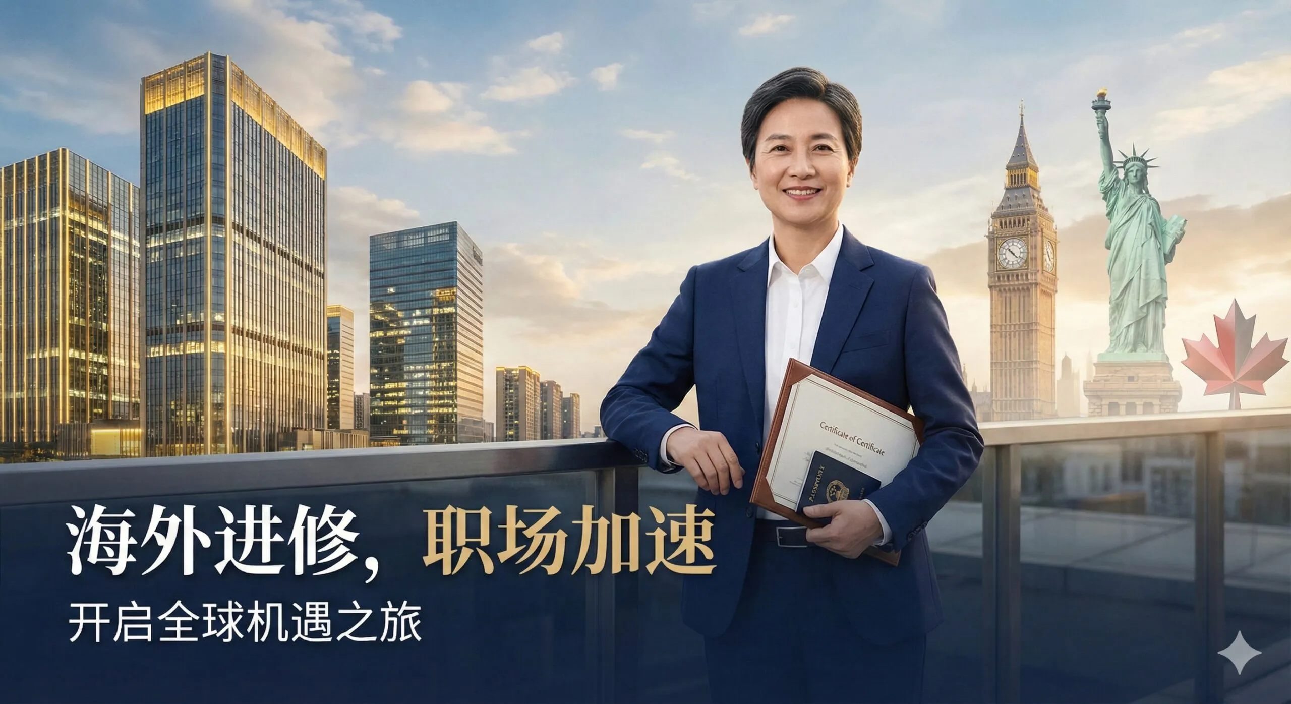 图片风格为现代、专业和励志。主视觉元素是一位站在城市天际线（一半是传统的职场高楼，一半是代表留学的国际地标如大本钟、自由女神像或枫叶）前的职场人士。人物形象为穿着商务装、手拿毕业证书（或护照）的中年人（非应届生），面带自信微笑。色彩以深蓝、金色和白色为主，象征专业、价值和希望。构图采用黄金分割，突出人物和双重背景，表达“工作后出国留学”是职业生涯的“加速器”主题。