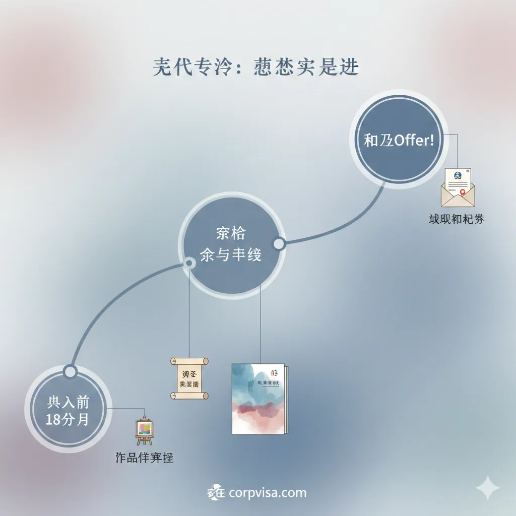 总结图用于回顾艺术留学的时间轴和关键成果。画面应设计成一个优雅的时间轴(如一条贯穿画面的曲线),从左到右或从下到上,标明“入学前18个月”到“拿到Offer”,关键节点上悬挂着代表性的成果图标:雅思成绩单、作品集封面、录取通知书。整体风格简洁、大气,使用柔和的艺术色调(如莫兰迪色系),给人以清晰、圆满的感觉,象征顺利实现艺术留学梦想。