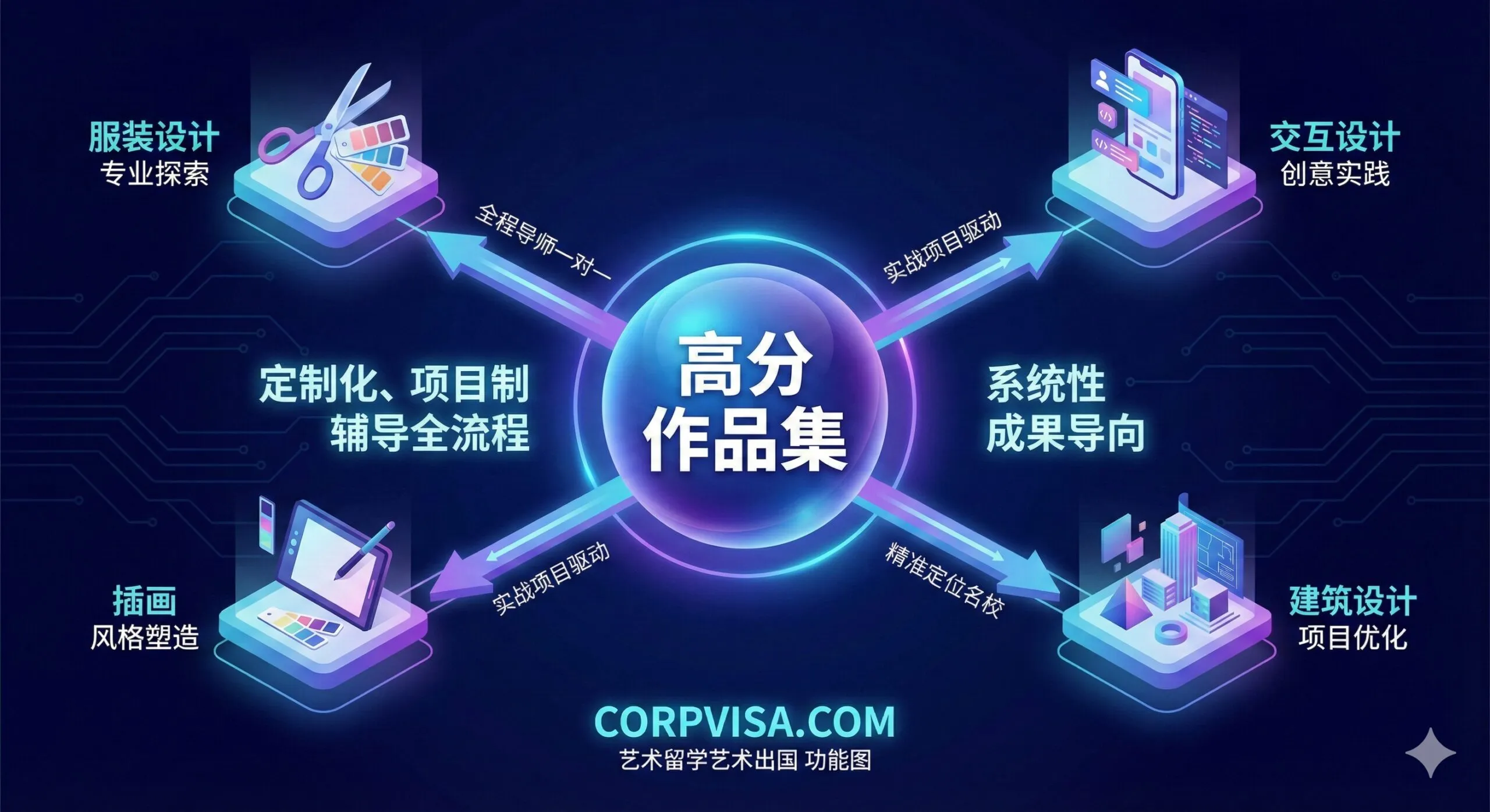 功能图用于介绍作品集辅导的关键流程和成果(对应第四章)。画面主体是一个流程图或思维导图的视觉化表现。中央是关键词“高分作品集”,周围围绕着四个代表性的专业图标,如服装设计(裁缝剪刀)、交互设计(手机界面)、插画(画板)、建筑设计(几何图形)。用箭头连接这些元素,强调“定制化、项目制”的辅导过程。风格应采用科技感强的线条和渐变色,突出专业性和系统性。