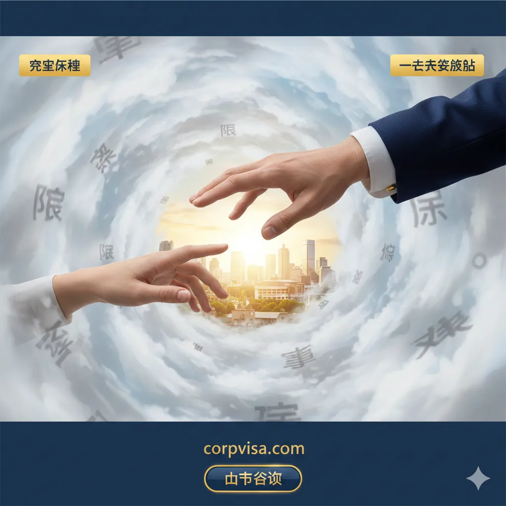 一张强调行动号召(CTA)和专业信任感的总结图。画面中心是一只由西装革履的专业人士伸出的手,正引导用户的手(象征客户)穿过一道象征不确定性的迷雾或漩涡,走向清晰、明亮的远方。远方代表着“成功出境”和“新生活”。图上可以配有“成功案例”或“一站式解决方案”的微小文字。色彩使用深蓝和金色,营造出专业、可靠、值得信赖的品牌形象,最终引导用户点击咨询按钮。